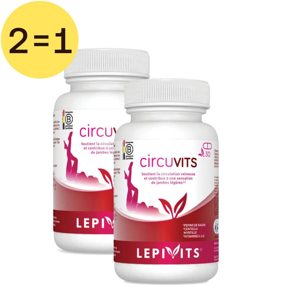 Twee witte flessen met schroefdop. Opschrift: circuVITS, LEPIVITS. Geel label met "2=1".