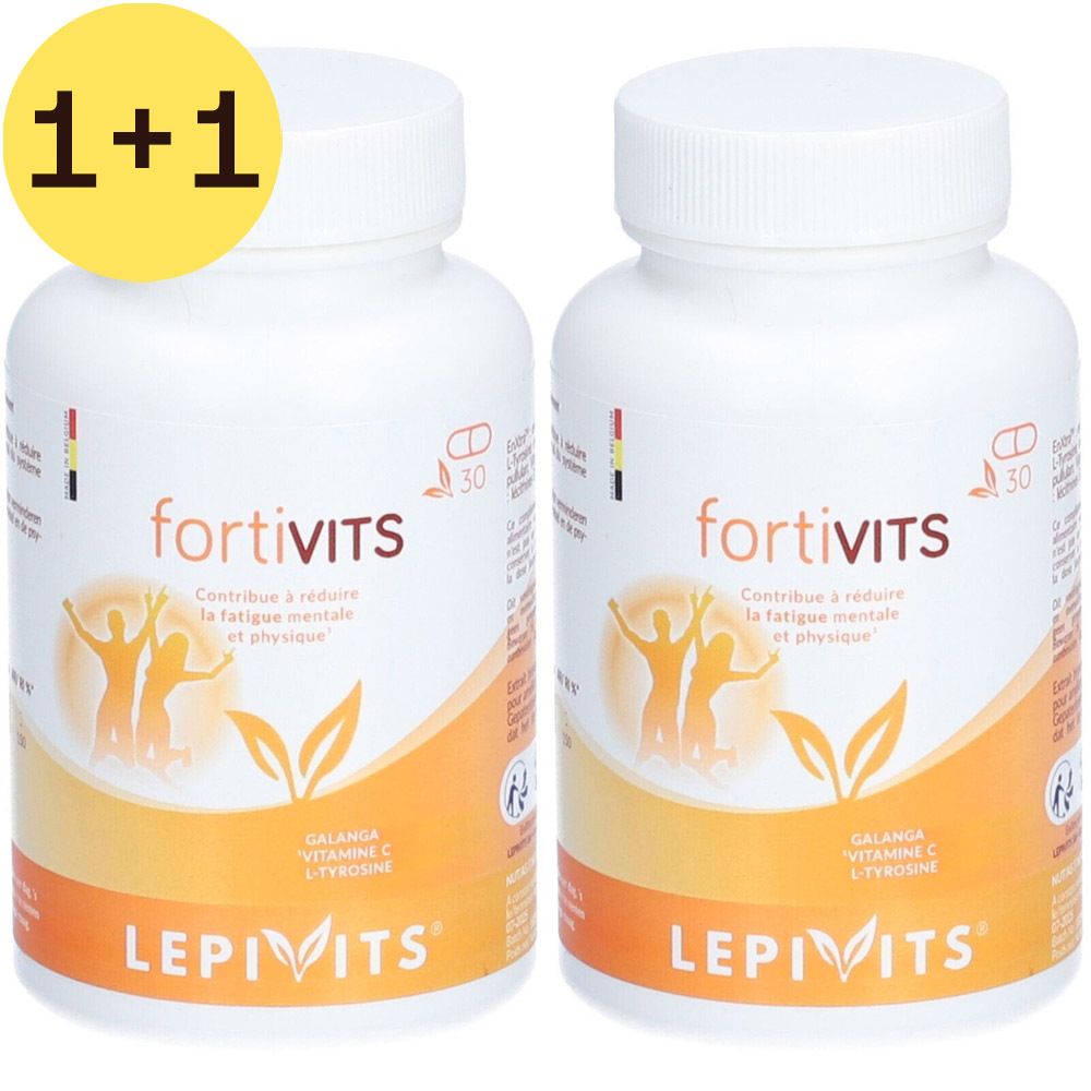 Twee witte flessen met de productnaam fortivITS en het merk LEPIVITS. Een gele cirkel met "2=1" is zichtbaar.