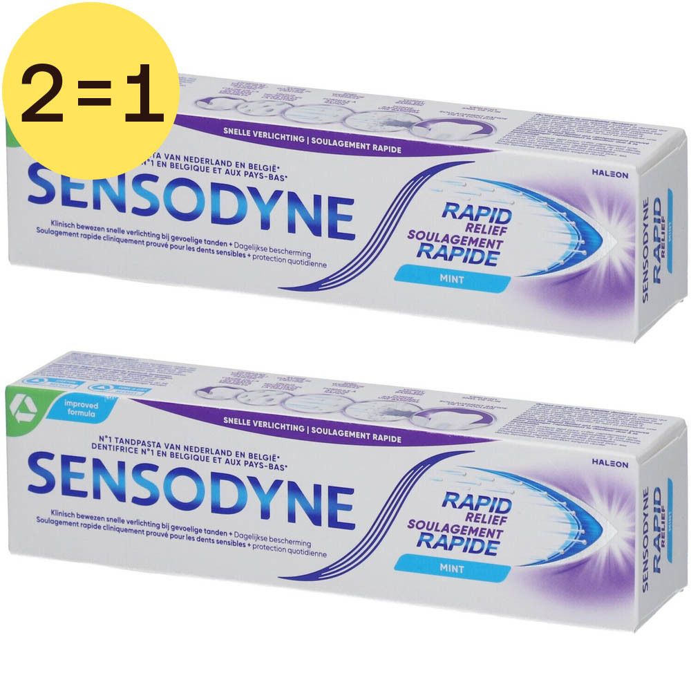 Deux tubes de dentifrice Sensodyne Rapid Relief en emballage carton. Inscriptions: marque, nom du produit, offre 2=1.