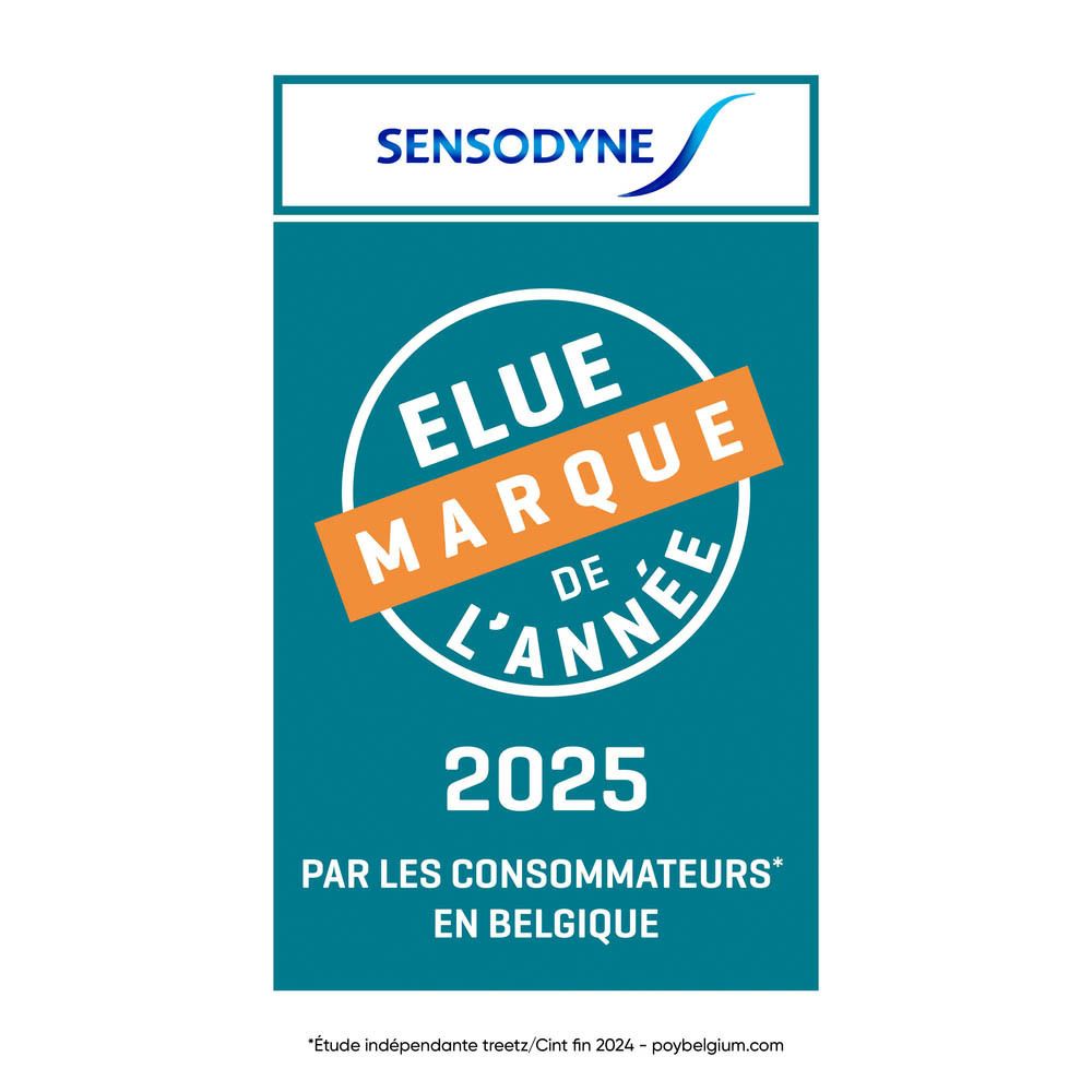 Fond bleu avec texte: Sensodyne. Élue Marque de l'Année 2025 par les consommateurs en Belgique.