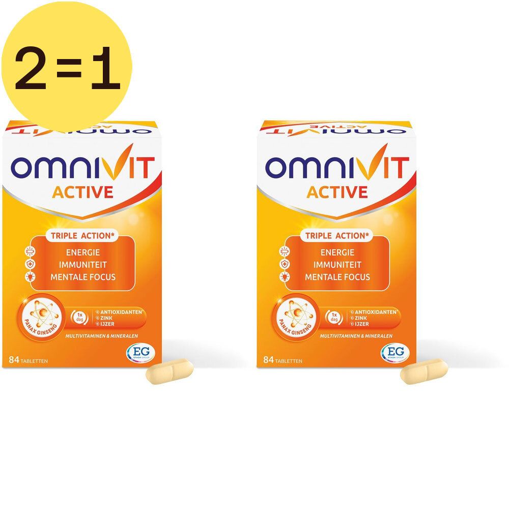 Twee dozen Omnivit Active. Oranje verpakking met witte tekst. Bevat 84 tabletten. Twee tabletten ervoor.