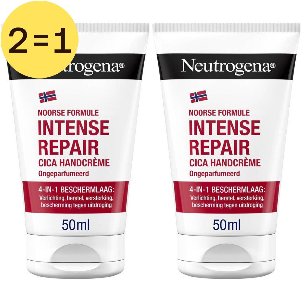 Twee tubes handcrème met rode tekst "Intense Repair". Links boven: "2=1". Noorse formule.