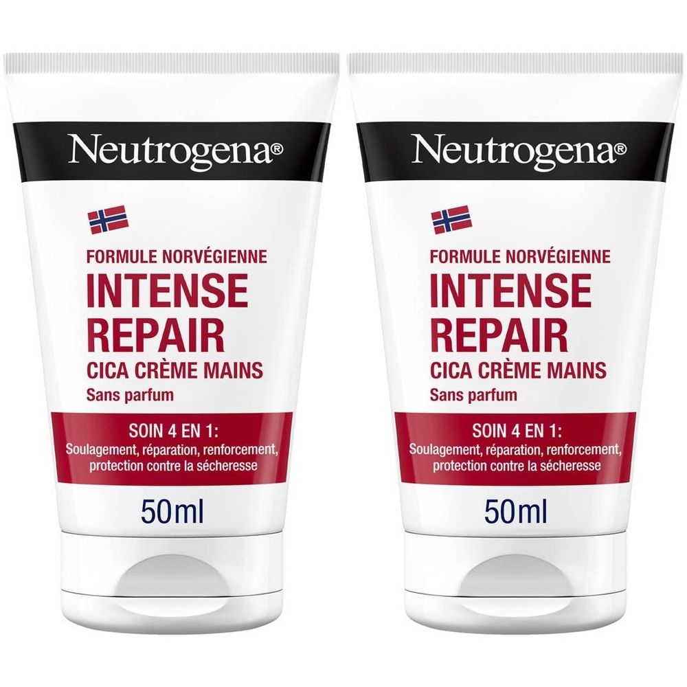 Twee tubes Neutrogena Intense Repair Cica Handcrème. Witte tubes met rode en zwarte tekst. 50ml.