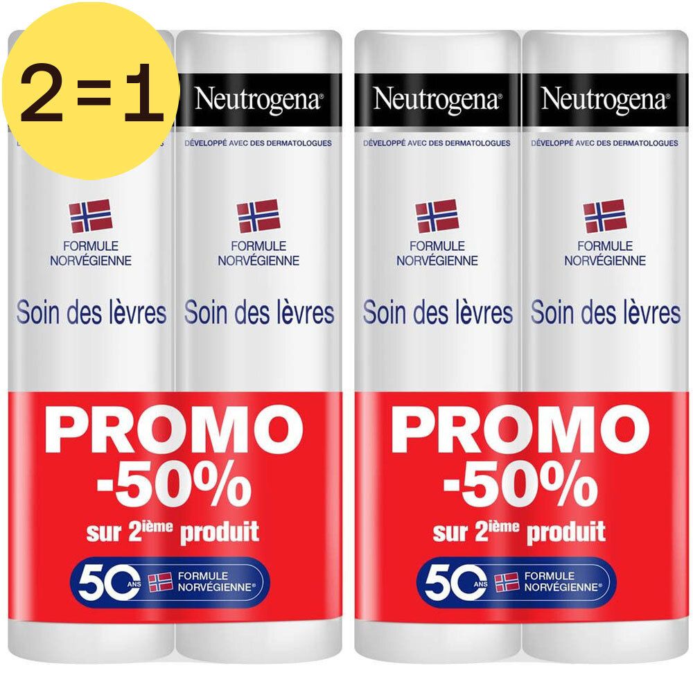 Duo de soins pour les lèvres. Bâtons de soin Neutrogena Formule Norvégienne. Promo : 2 pour 1, 2e produit à -50%.