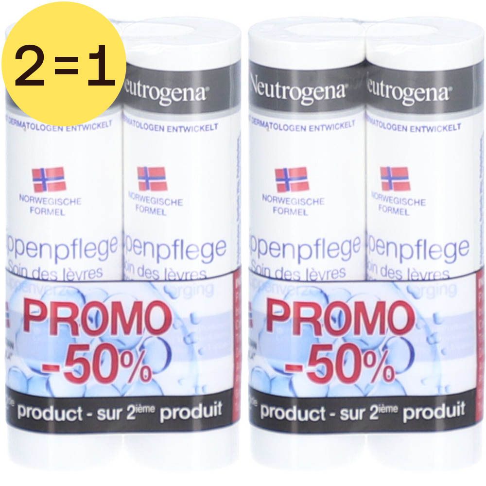 Duo de soins pour les lèvres. Bâtons de soin Neutrogena Formule Norvégienne. Promo : 2 pour 1, 2e produit à -50%.