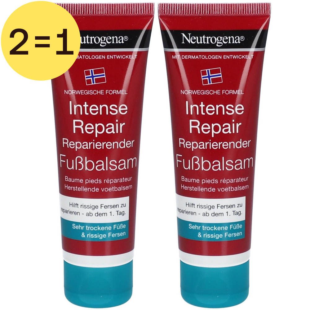 Deux tubes de crème pour les pieds, rouge et blanc, avec texte. Symbole jaune 2=1 en haut à gauche. Formule norvégienne.