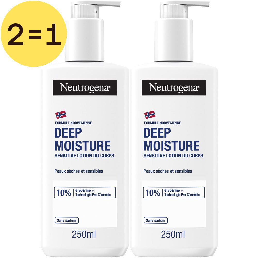 Deux flacons blancs avec pompe. Inscription: NEUTROGENA DEEP MOISTURE. Promotion 2=1. Informations produit en français.
