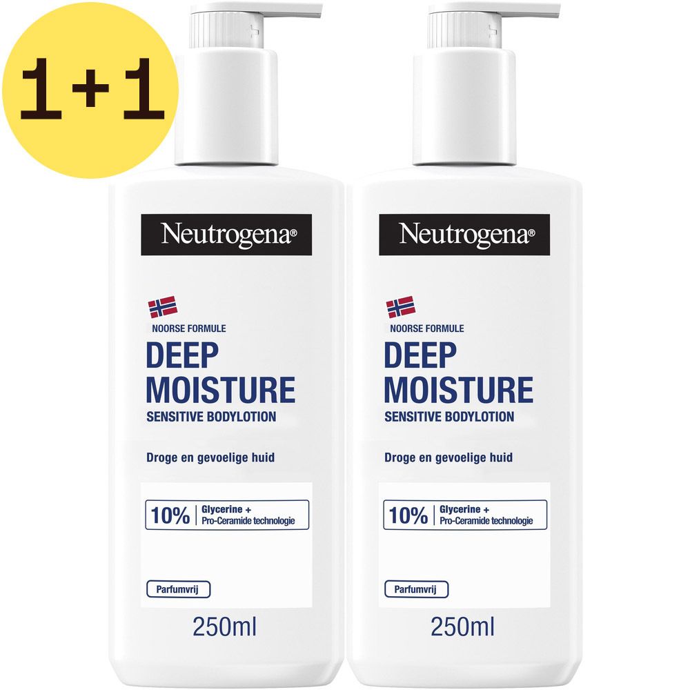Twee witte flessen met pomp. Opschrift: NEUTROGENA DEEP MOISTURE. 2=1 actie. Nederlandse productinfo.
