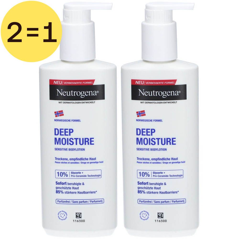 Deux flacons blancs avec pompe. Inscription: NEUTROGENA DEEP MOISTURE. Promotion 2=1. Informations sur le contenu.
