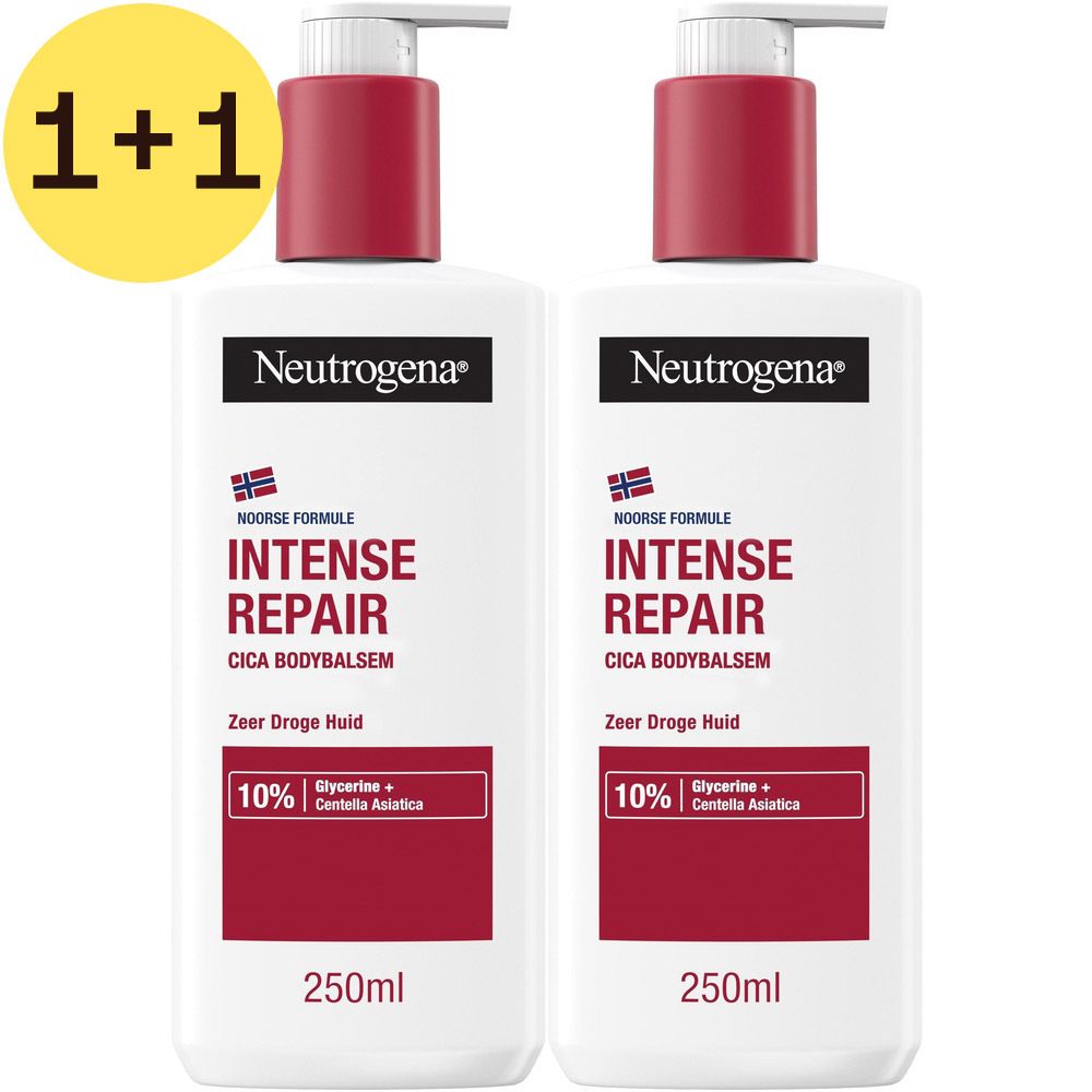Twee witte flessen met rode dop. Opschrift: Intense Repair, CICA Bodybalsem, 250ml. Geel 2=1-symbool.