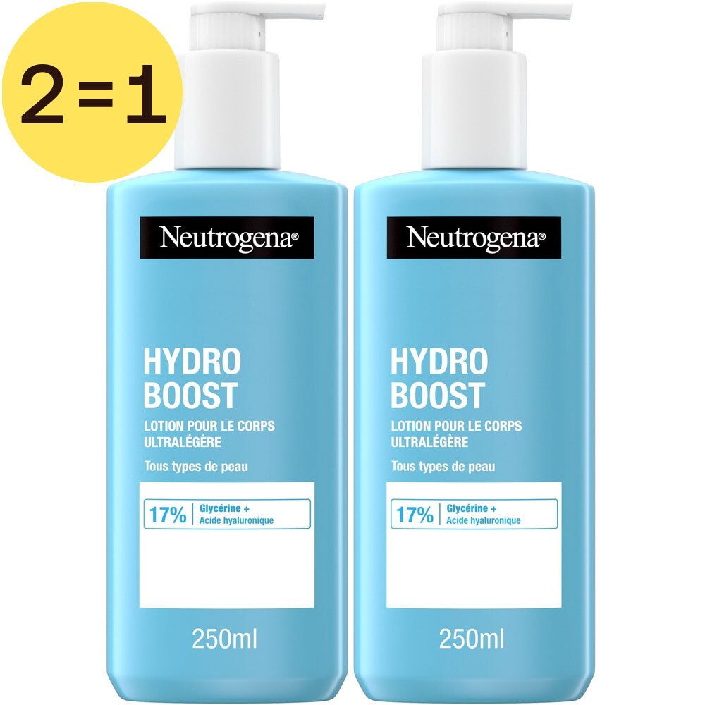 Deux flacons bleus avec pompe blanche. Inscription: Neutrogena Hydro Boost. Offre 2=1.