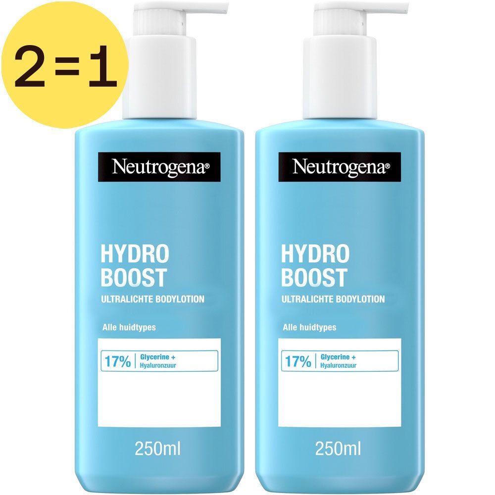Twee blauwe flessen met witte pomp. Opschrift: Neutrogena Hydro Boost. 2=1-aanbieding.