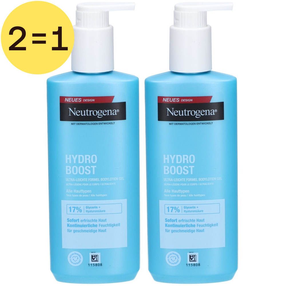 Deux flacons bleus avec pompe blanche. Inscription: Neutrogena Hydro Boost. Offre 2=1.