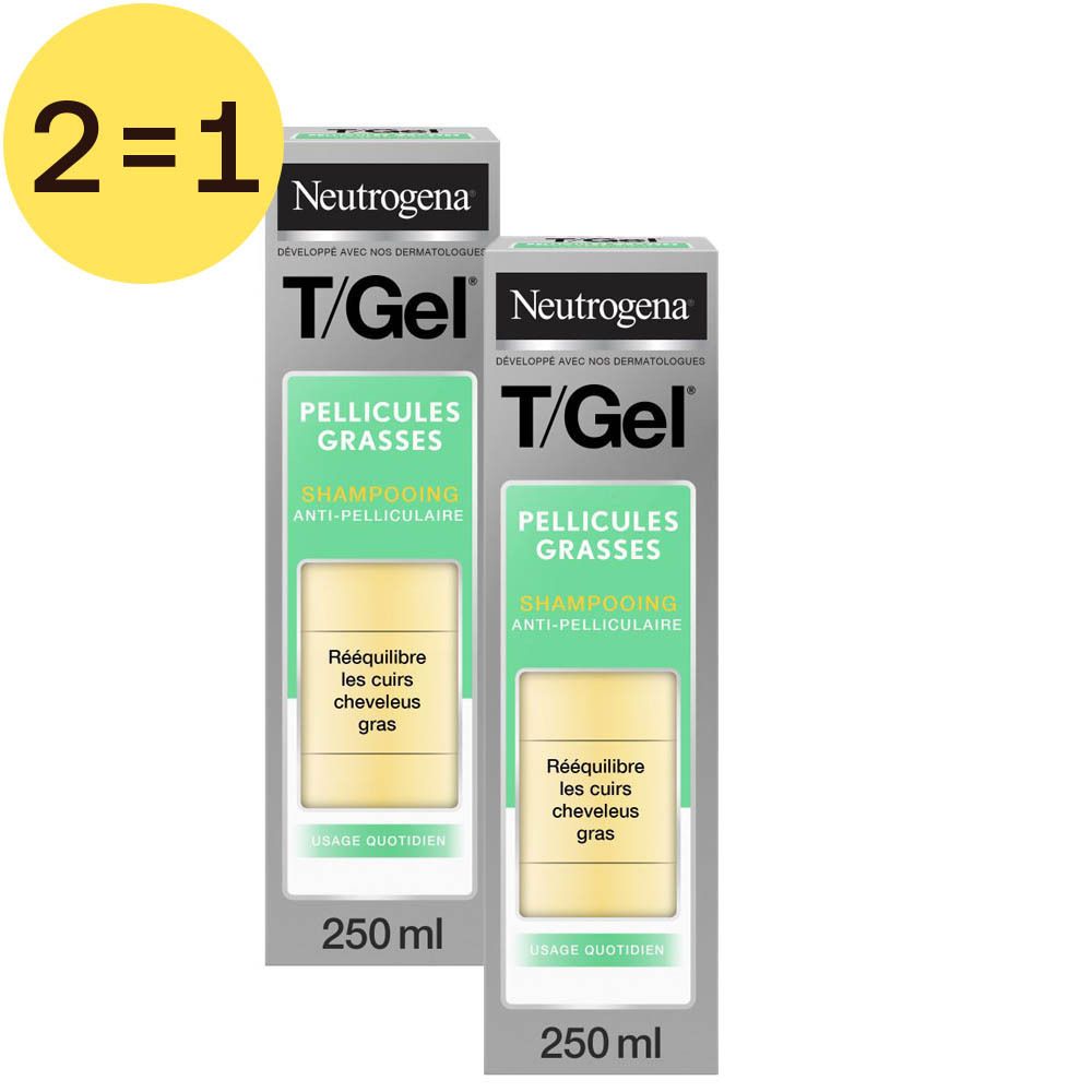 Deux boîtes de shampooing Neutrogena T/Gel. Inscription : Pellicules Grasses, 250 ml. Inscription jaune : 2=1.