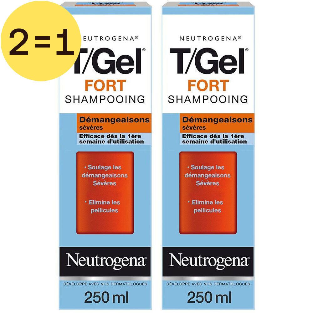 Deux boîtes de shampooing Neutrogena T/Gel Fort. Texte: "Démangeaisons sévères". Emballage bleu et orange.