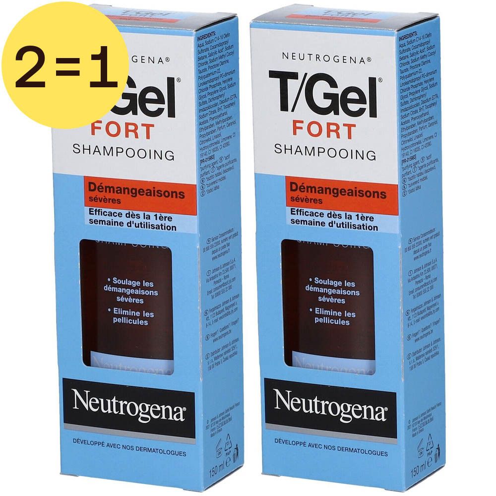 Deux boîtes de shampooing Neutrogena T/Gel Fort. Texte: "Démangeaisons sévères". Emballage bleu et orange.