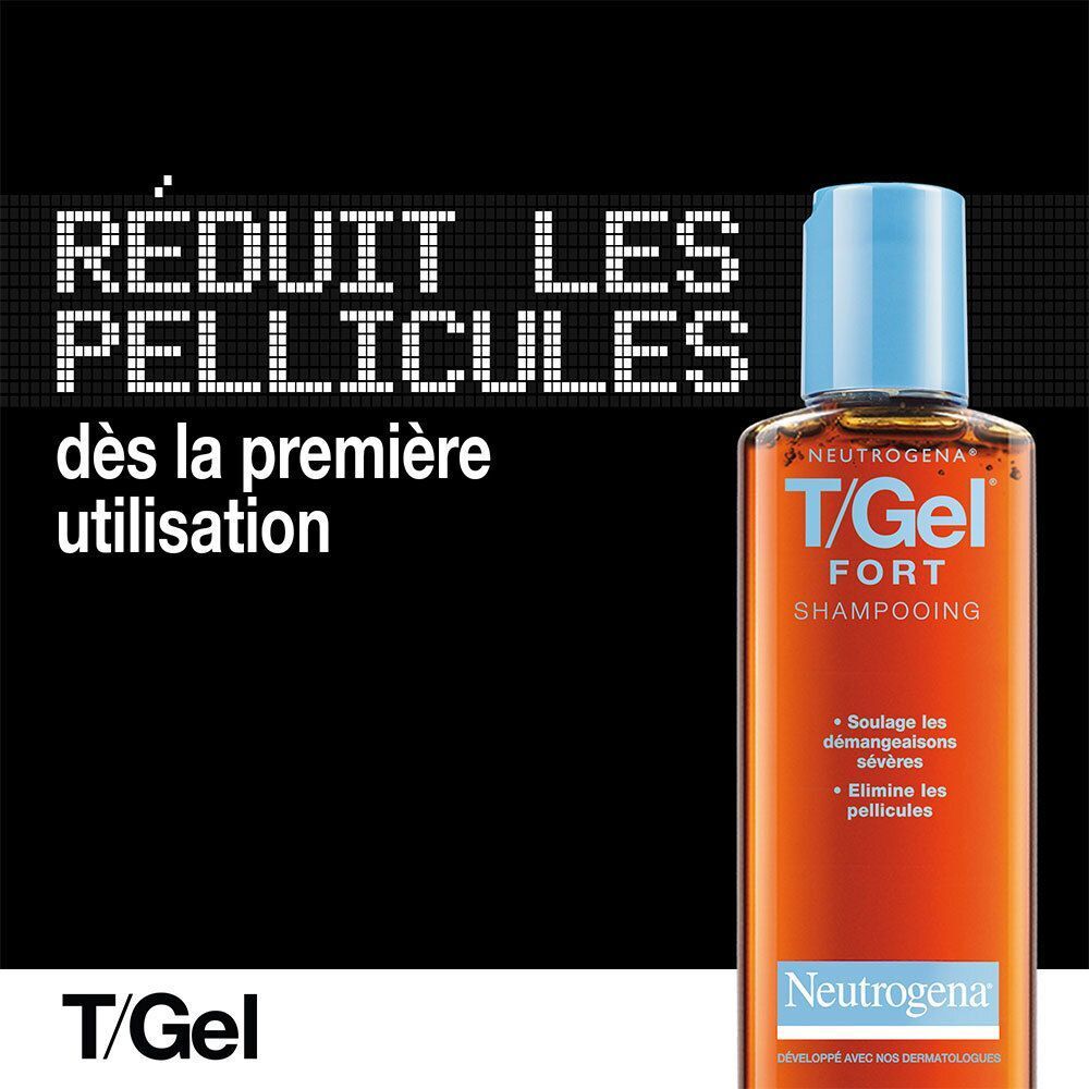 Flacon de shampooing T/Gel FORT. Liquide orange. Bouchon bleu. Texte : Réduit les pellicules, dès la première utilisation.