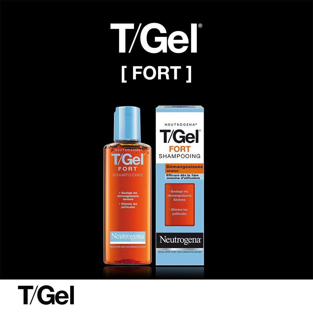 Flacon et boîte de Neutrogena T/Gel Fort shampooing contre les démangeaisons sévères.