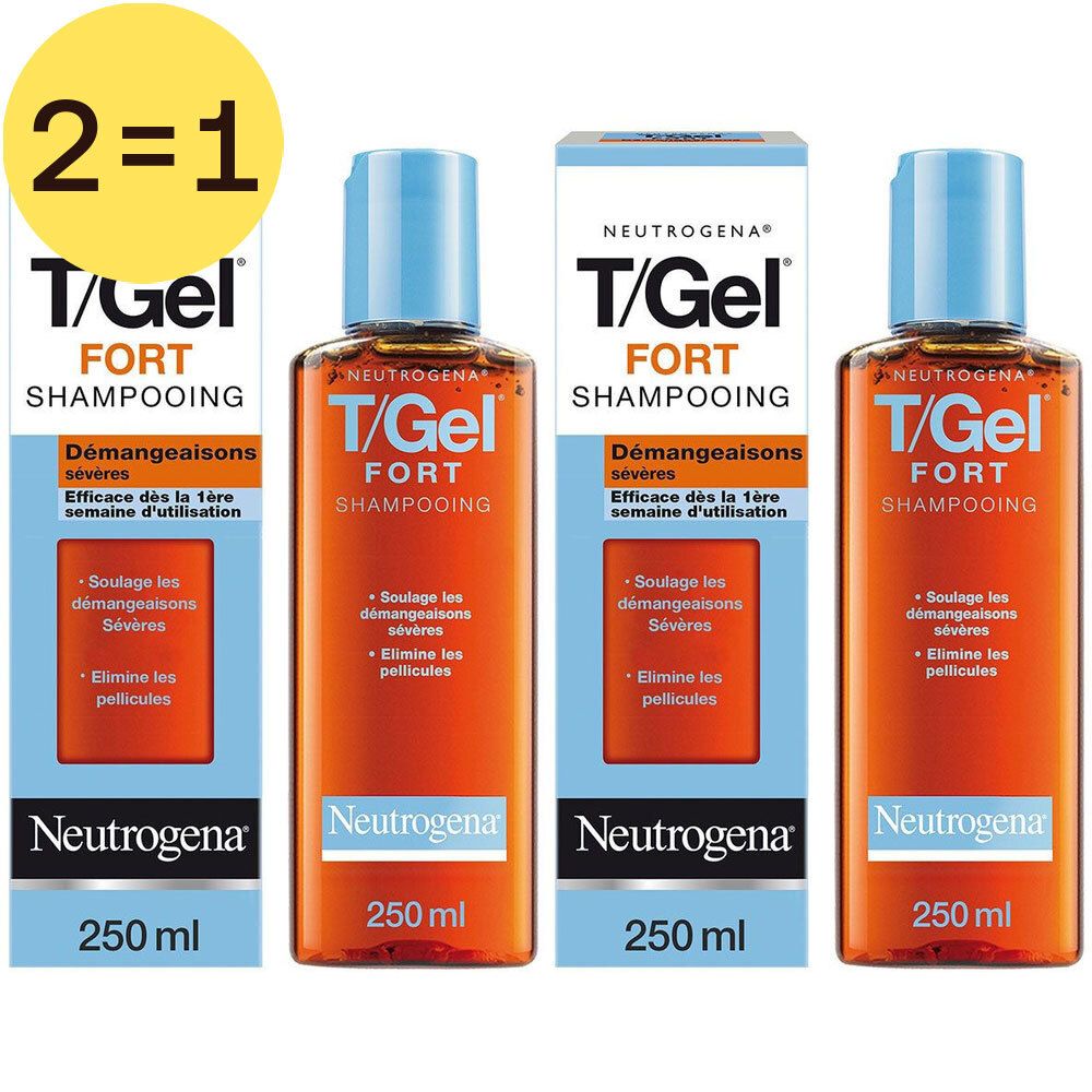 Twee flessen en twee verpakkingen shampoo. Opschrift: T/Gel Fort, Démangeaisons sévères. Neutrogena.