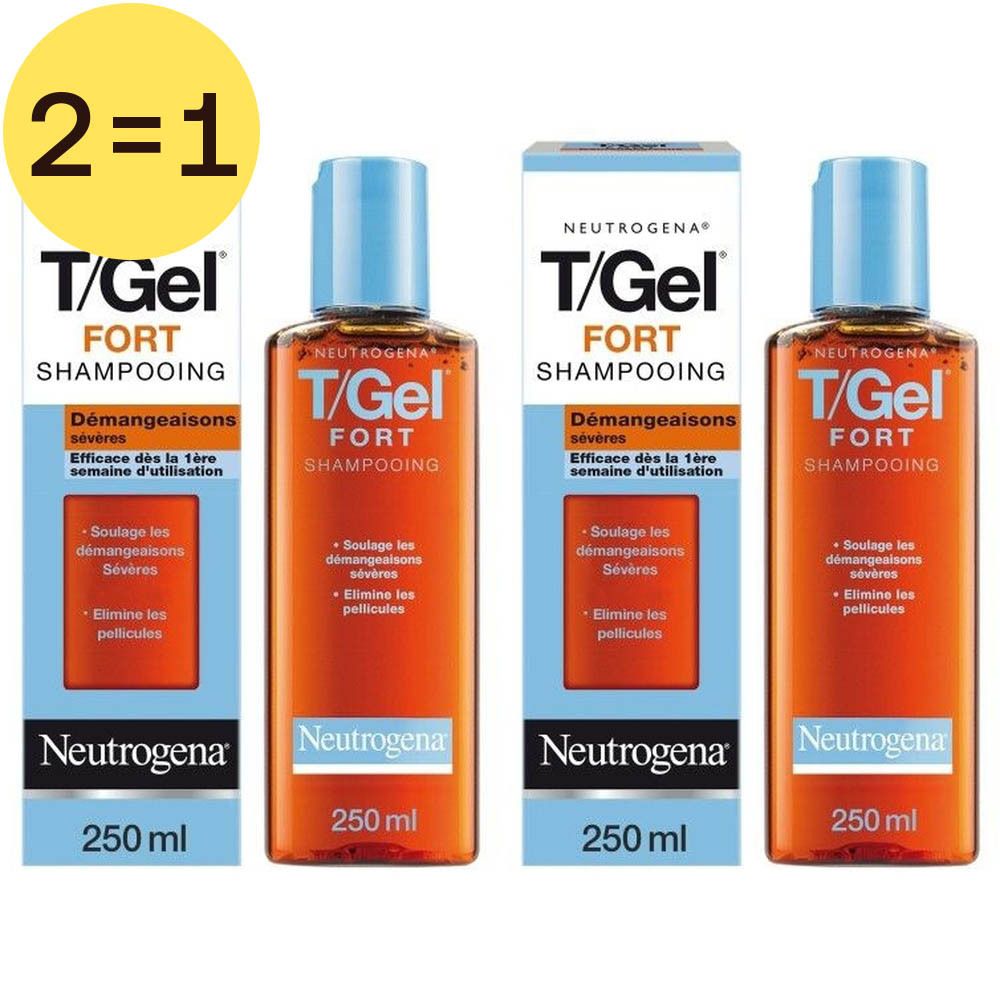 Twee flessen en twee verpakkingen shampoo. Opschrift: T/Gel Fort, Démangeaisons sévères. Neutrogena.