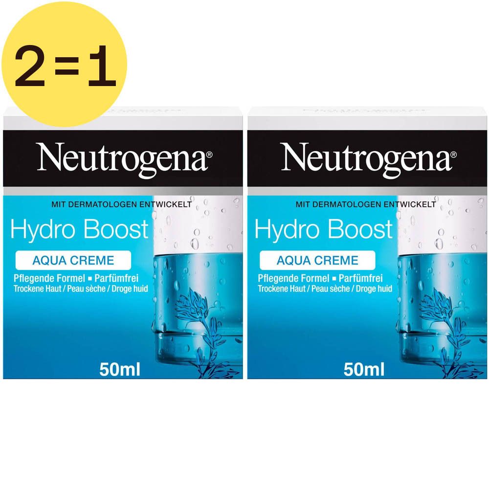 Twee potjes crème gel "Neutrogena Hydro Boost Aqua Creme". Opschrift "2=1". 