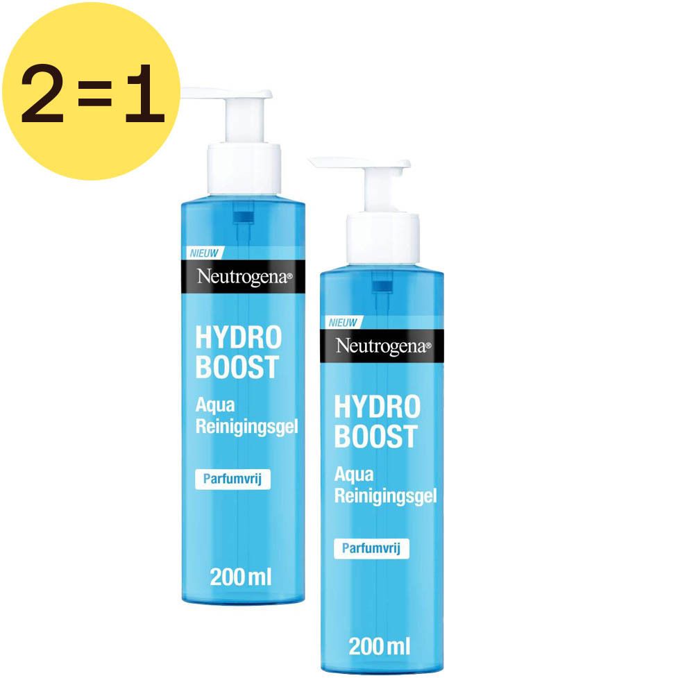 Twee blauwe flessen Neutrogena Hydro Boost Aqua Reinigingsgel. Met doseerpomp en tekst: Hydro Boost, Aqua Reinigingsgel, 200 ml.