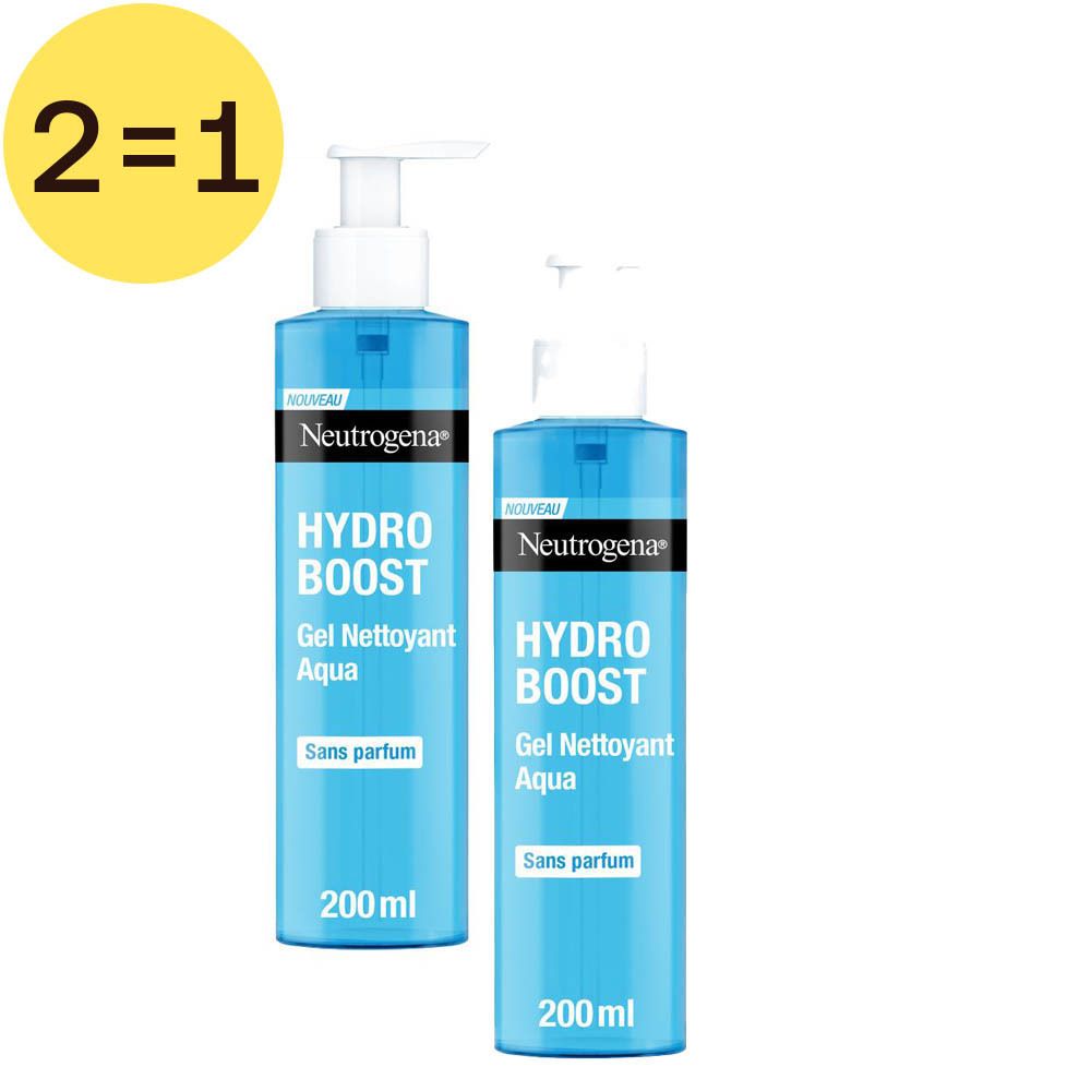 Deux flacons bleus Neutrogena Hydro Boost Gel Nettoyant Aqua. Pompes doseuses, texte: Hydro Boost, Gel Nettoyant Aqua, 200 ml.