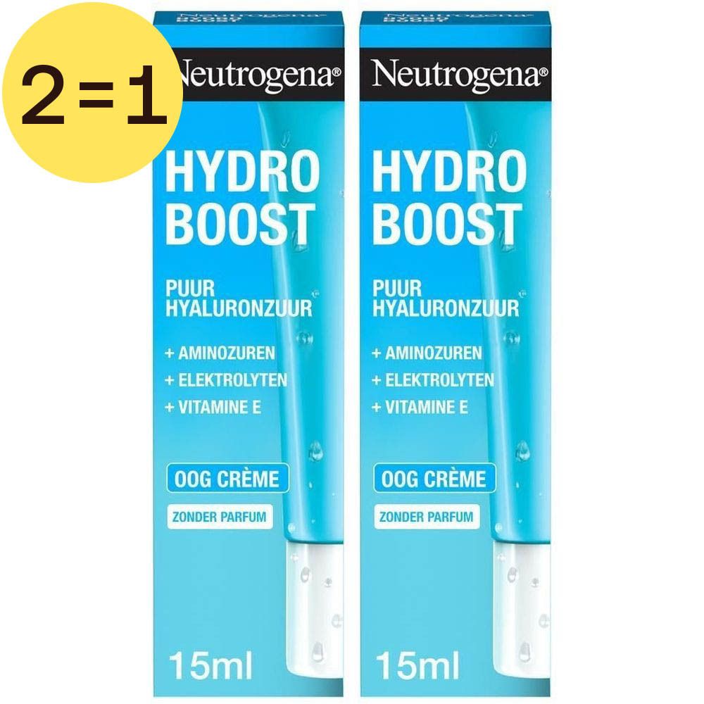 Twee blauwe tubes in verpakking. Opschrift: Hydro Boost, Puur Hyaluronzuur, Oogcrème. Geel label met 2=1.