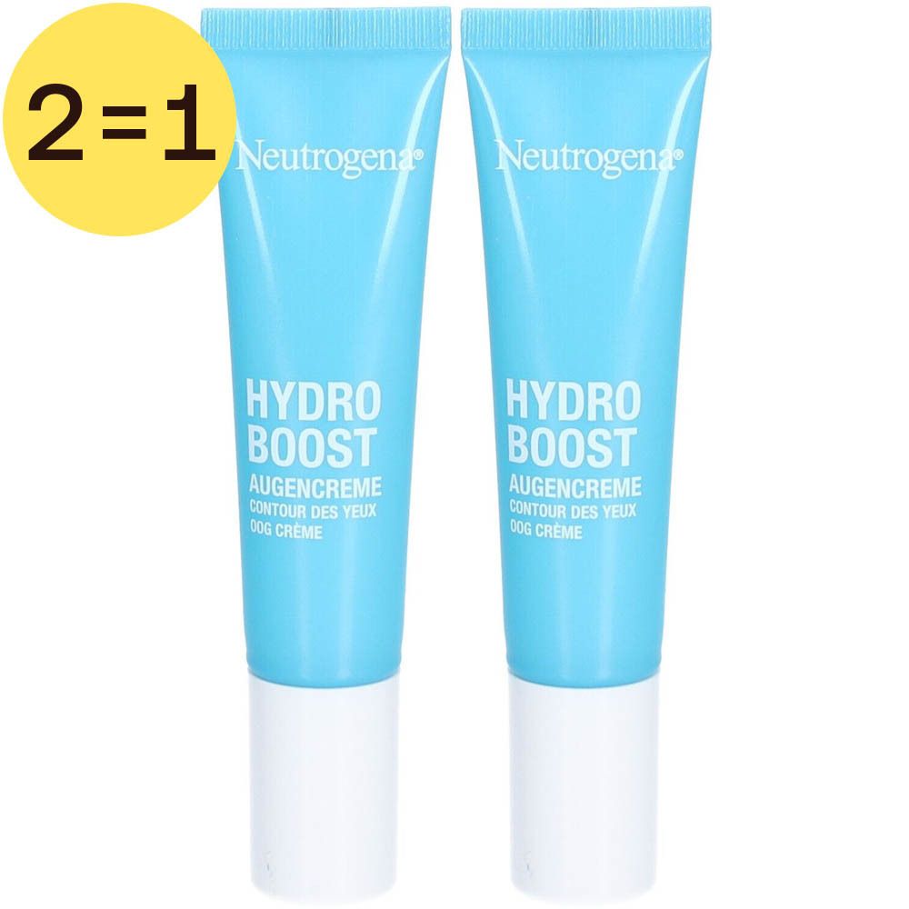 Twee blauwe tubes met witte dop. Opschrift: Hydro Boost Oogcrème. Geel label met 2=1.