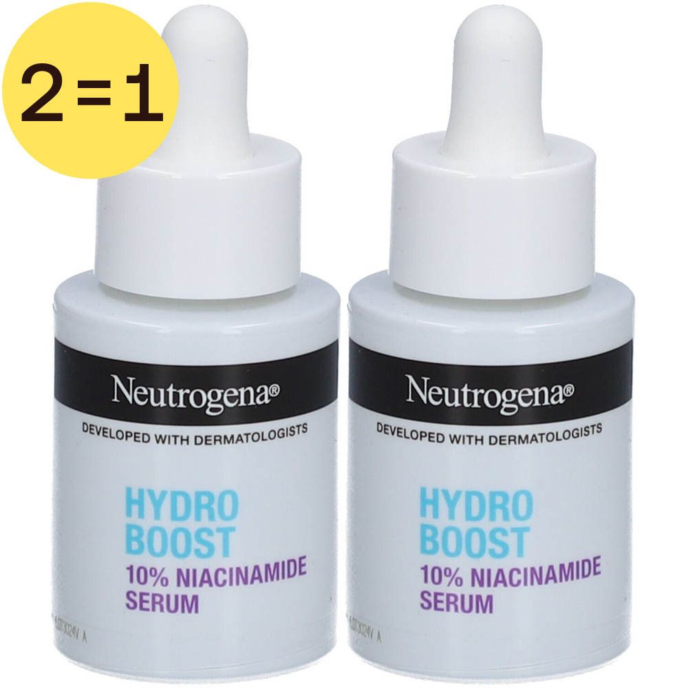 Twee serumflacons met witte pipet. Opschrift: Hydro Boost 10% Niacinamide Serum. Geel 2=1 symbool.