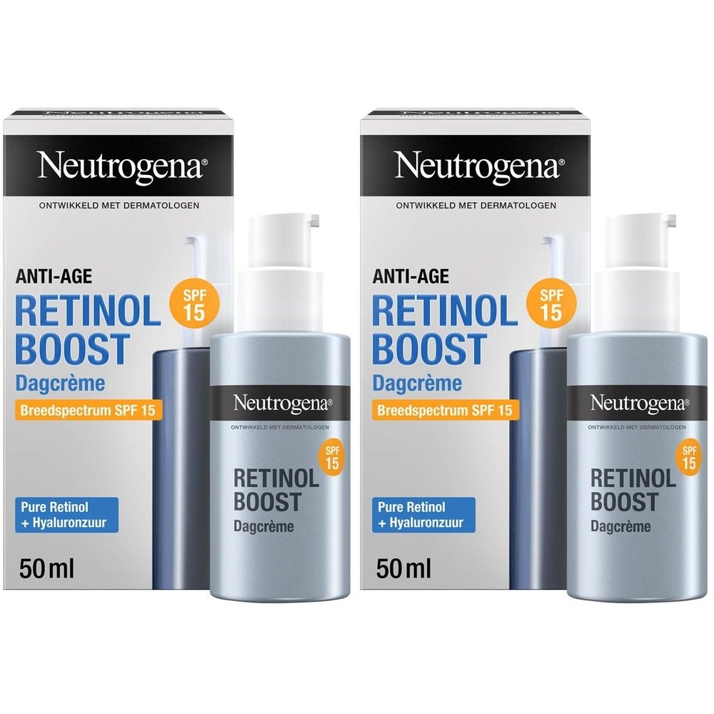 Twee flacons Neutrogena Retinol Boost Dagcrème. Grijze flacons met witte dop. Opschrift: Retinol Boost, 50 ml.