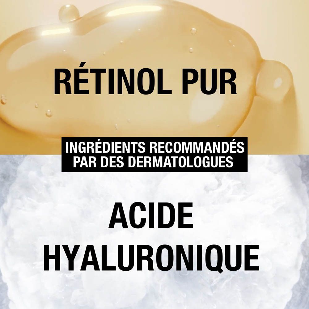 Gros plan sur liquide jaune et poudre blanche. Texte : Rétinol Pur, Acide Hyaluronique. Recommandé par les dermatologues.
