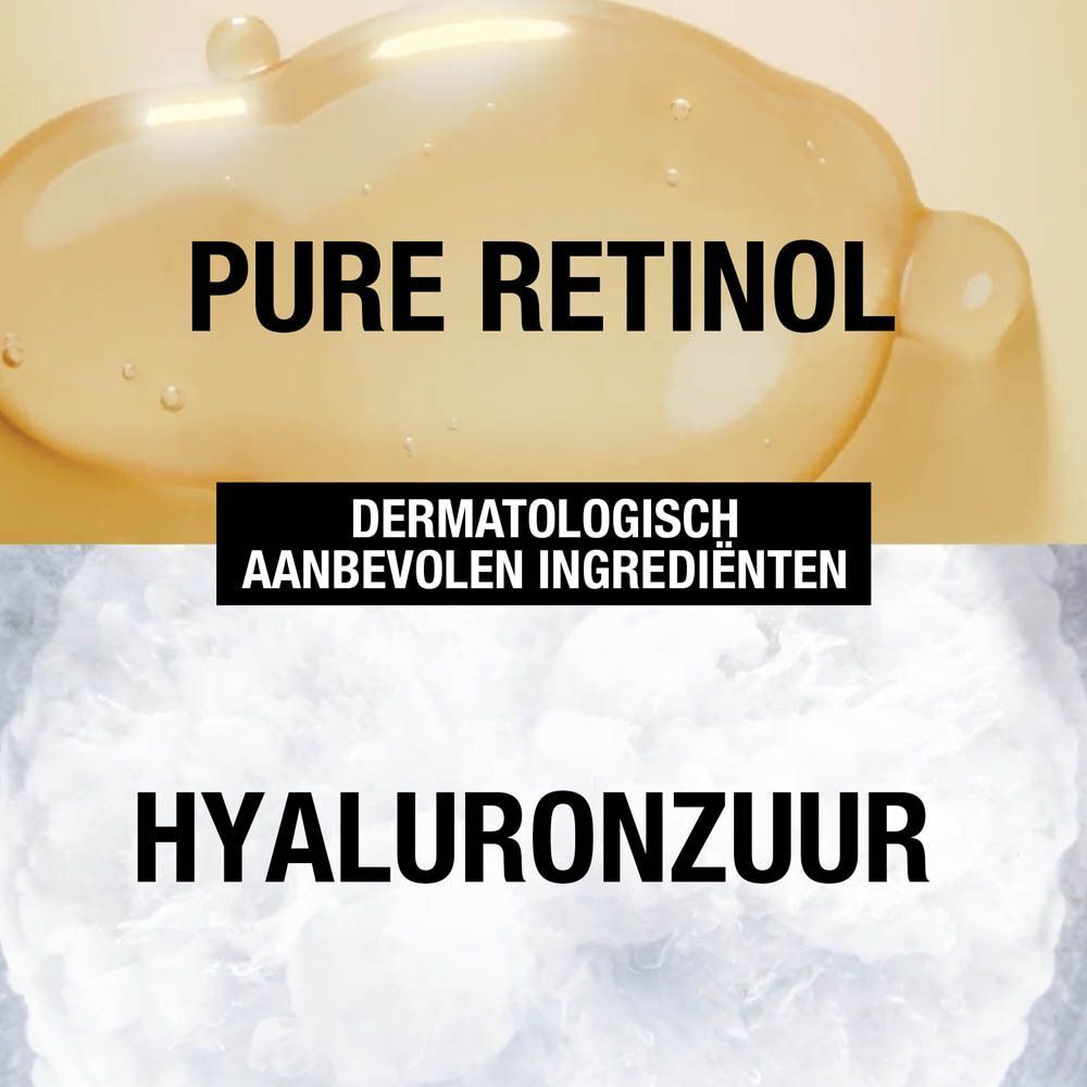 Close-up van gele vloeistof en wit poeder. Tekst: Pure Retinol, Dermatologisch aanbevolen ingrediënten, Hyaluronzuur.