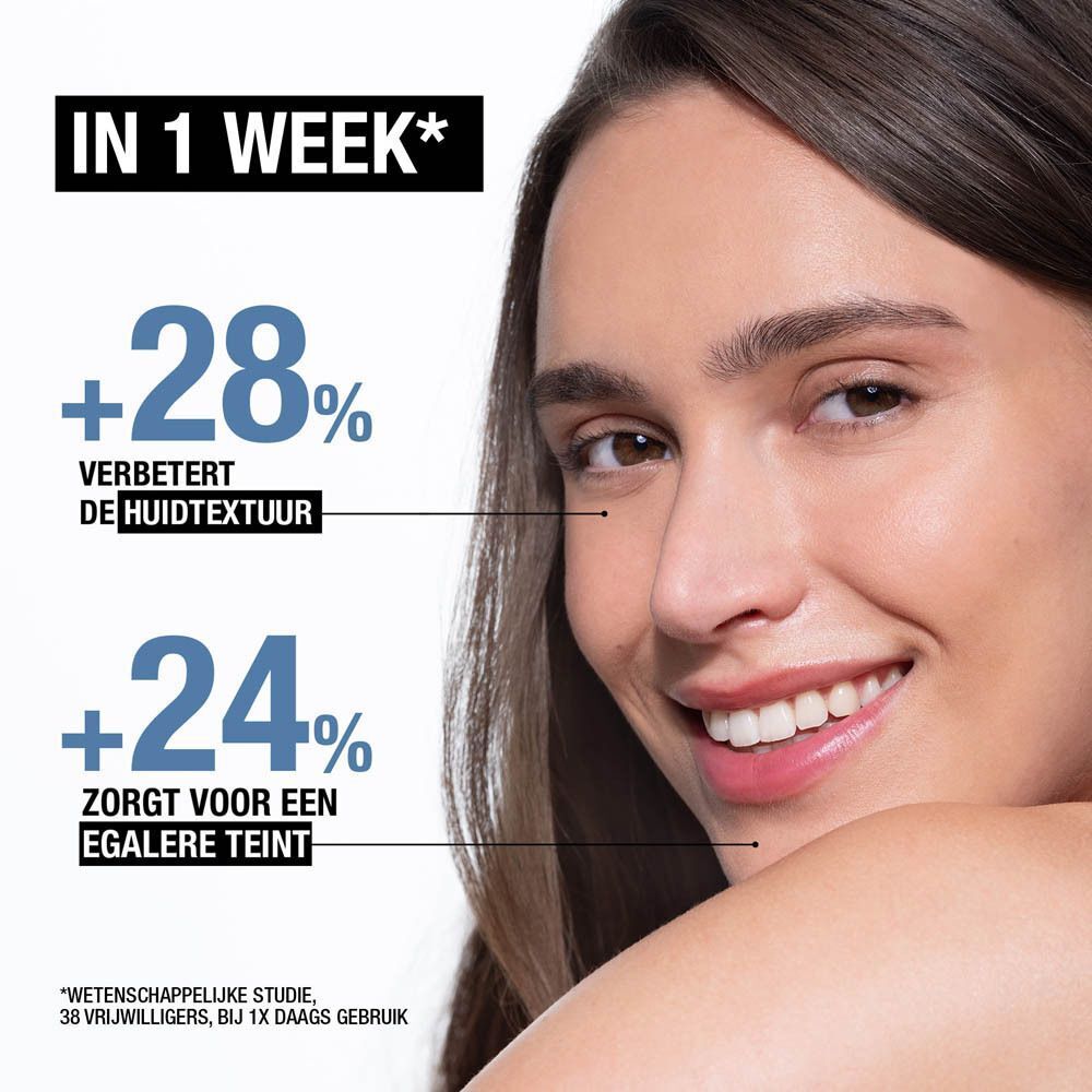 Vrouw lacht. Tekst: +28% verbetert de huidtextuur, +24% zorgt voor een egalere teint. In 1 week*.