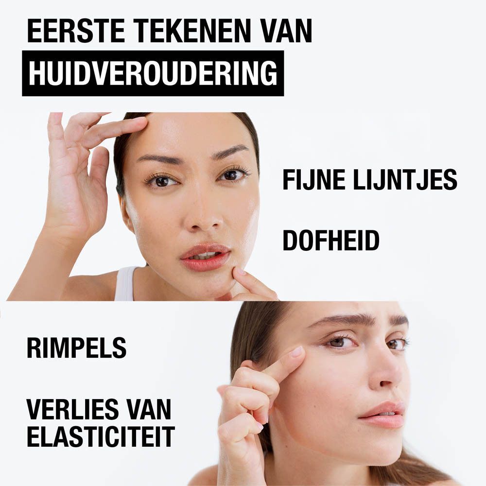 Vrouw raakt gezicht aan. Tekst: Eerste tekenen van huidveroudering? Fijne lijntjes, dofheid, rimpels, elasticiteitsverlies.