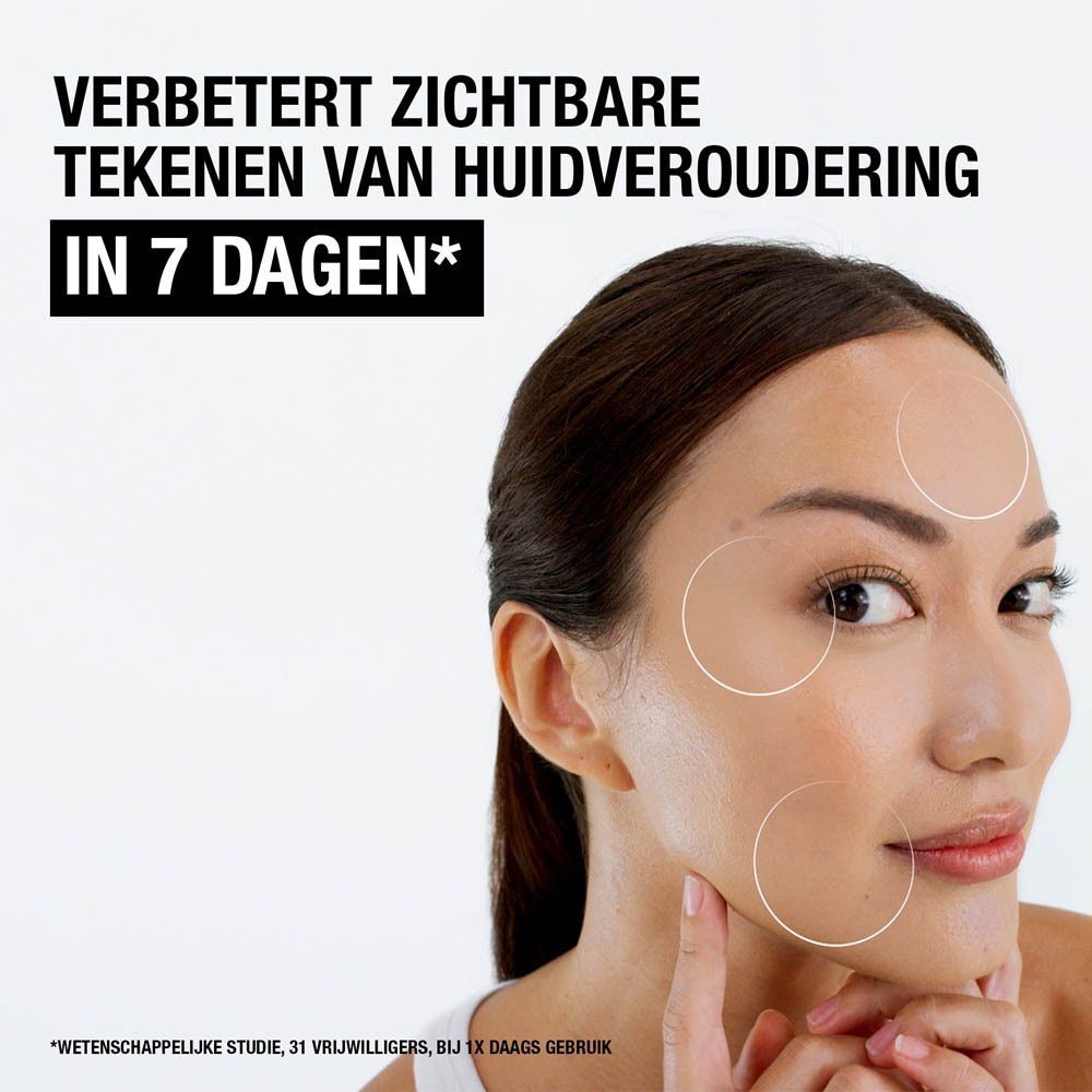 Vrouw met gezicht. Tekst: Verbetert zichtbare tekenen van huidveroudering in 7 dagen. Cirkels op gezicht.