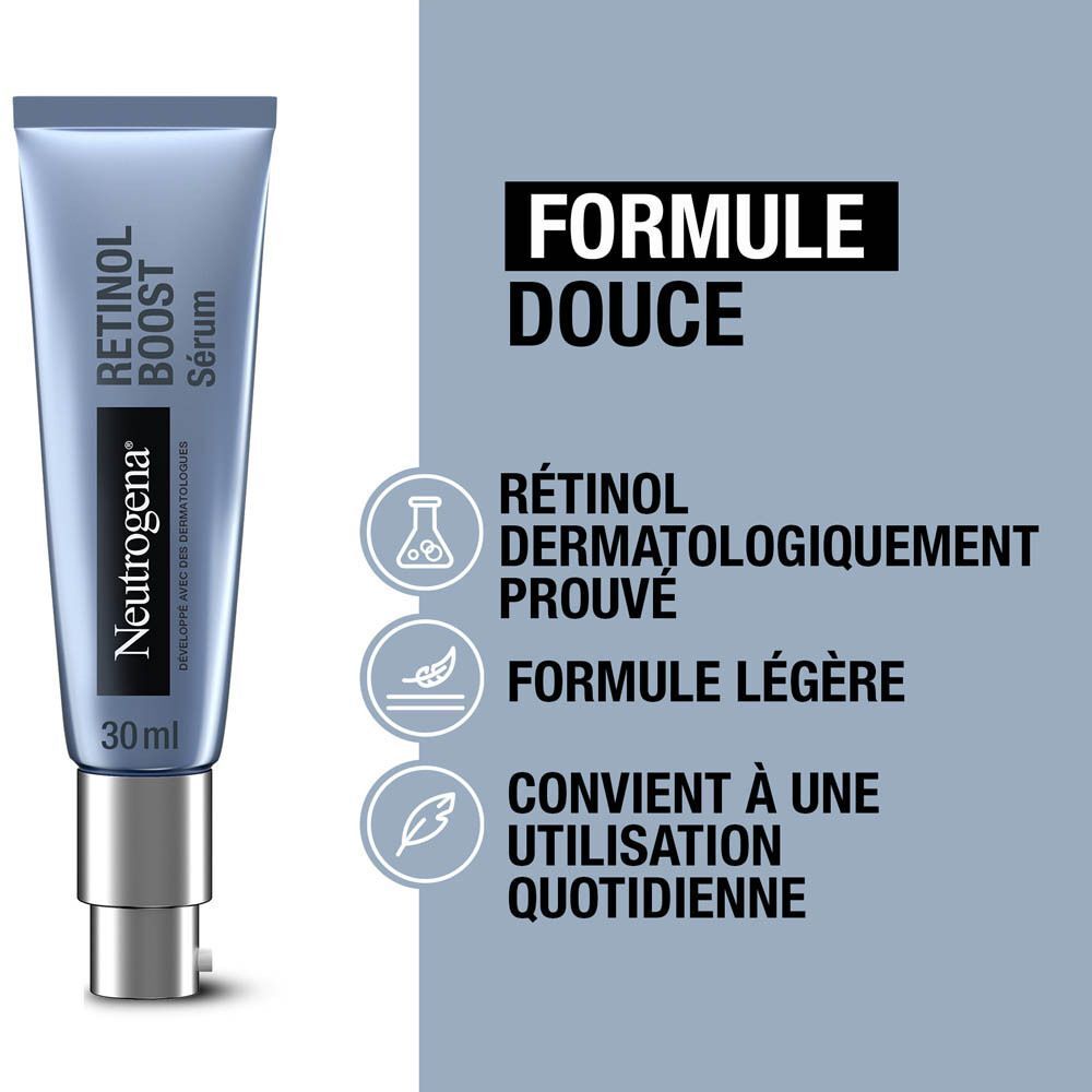 Neutrogena® Retinol Boost Sérum. Texte : Formule douce, rétinol testé dermatologiquement, formule légère, utilisation quotidienne.