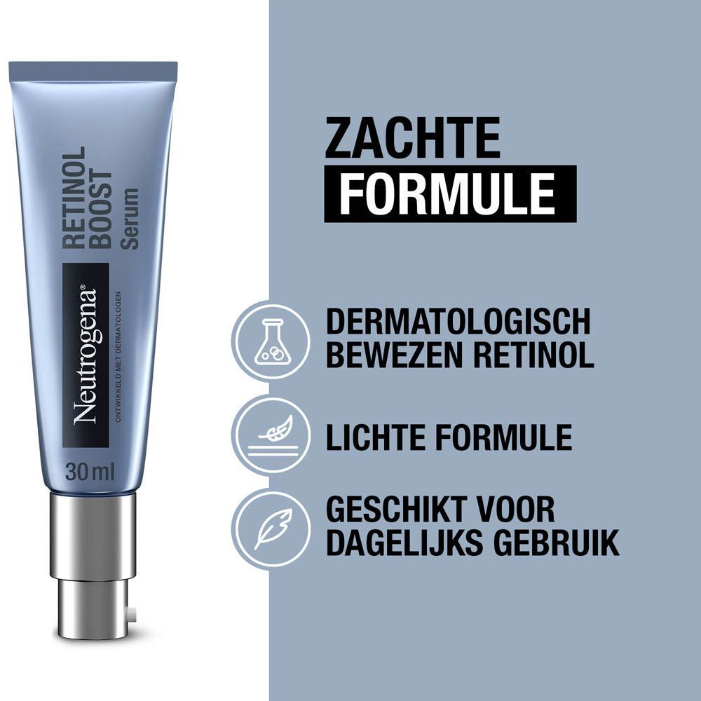 Neutrogena® Retinol Boost Serum. Tekst: Zachte formule, dermatologisch bewezen retinol, lichte formule, dagelijks gebruik.