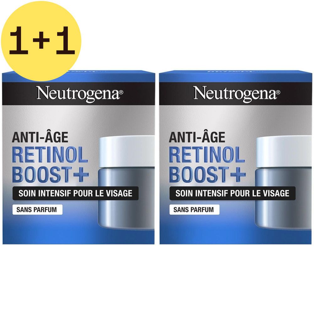 Deux boîtes de Neutrogena Anti-Âge Retinol Boost+ Soin Intensif Visage. Emballage bleu. Étiquette jaune 2=1.