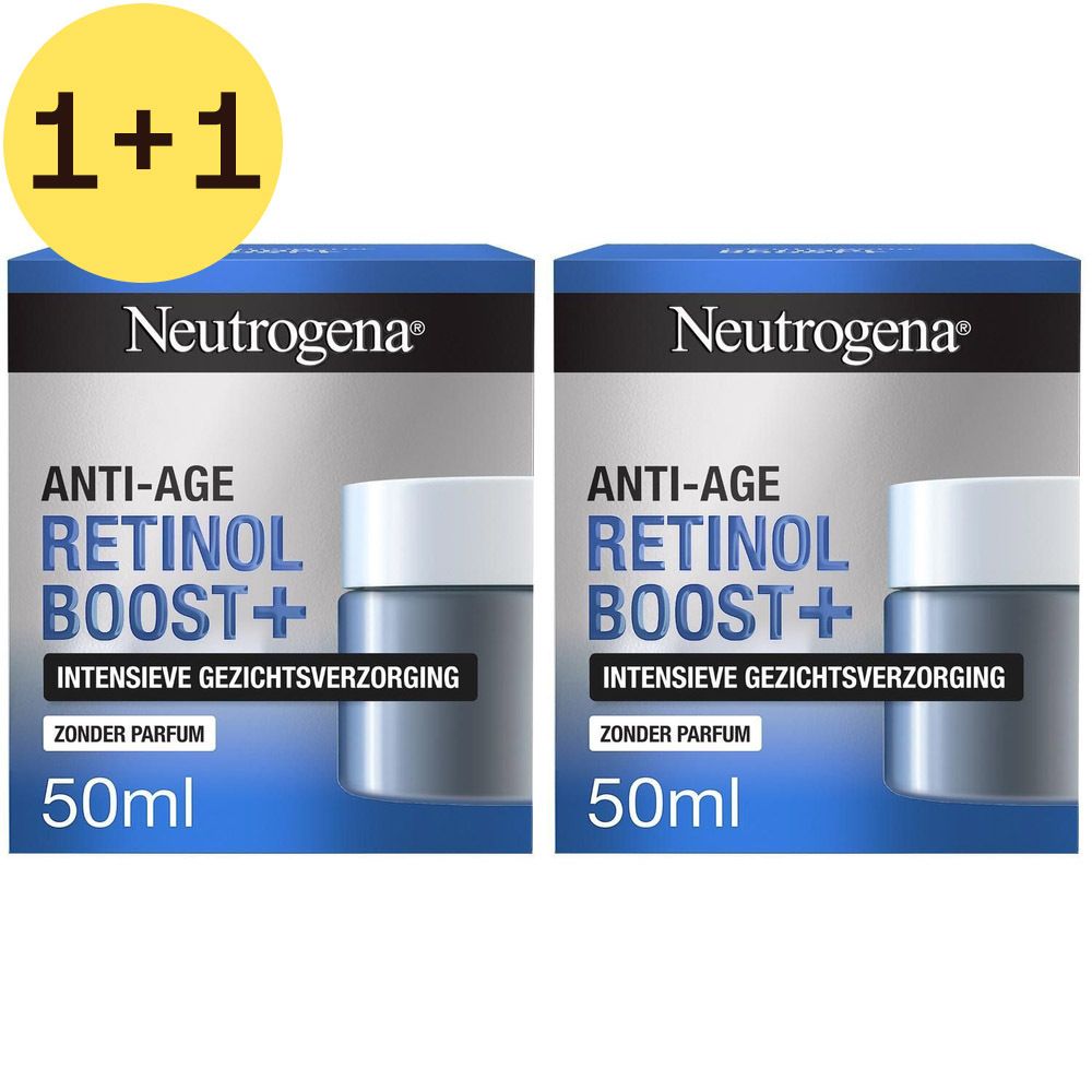 Twee dozen Neutrogena Anti-Âge Retinol Boost+ Intensieve Gezichtsverzorging. Blauwe verpakking. Geel 2=1 label.