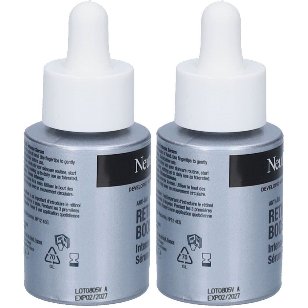 Twee serumflessen met witte dop. Opschrift: Neutrogena Retinol Boost+ Sérum Intensif de Nuit Anti-Âge.