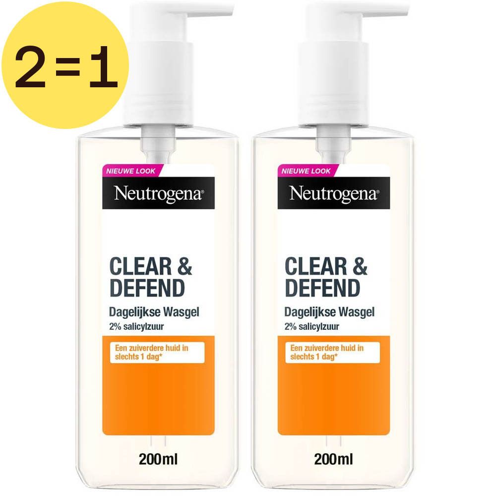 Twee flessen Neutrogena Clear & Defend Dagelijkse Wasgel. Witte pompen, heldere vloeistof, oranje etiketten, 200ml.