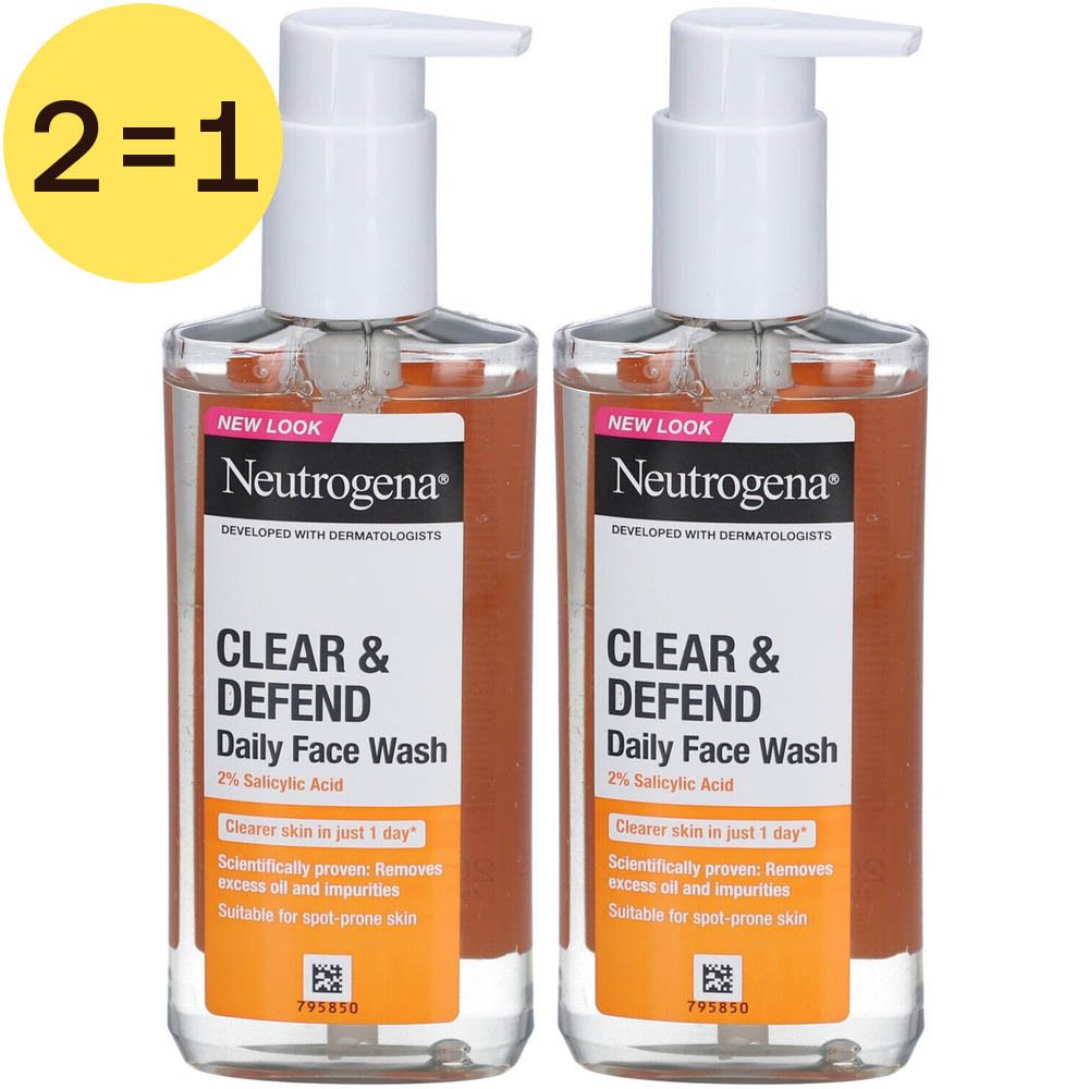 Twee flessen Neutrogena Clear & Defend Daily Face Wash met 2% salicylzuur. Witte pompen, heldere vloeistof, oranje etiketten.