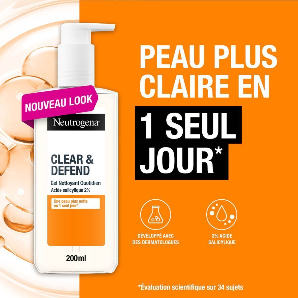 Neutrogena Clear & Defend Gel Nettoyant Quotidien. Flacon avec texte et illustrations sur fond orange.