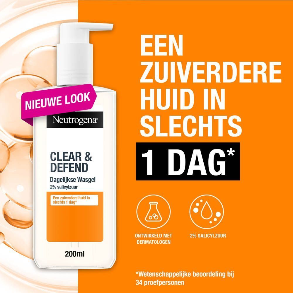 Neutrogena Clear & Defend Dagelijkse Wasgel. Fles met tekst en illustraties op oranje achtergrond.