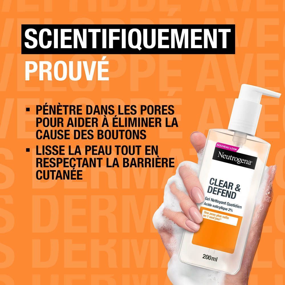 Neutrogena Clear & Defend Gel Nettoyant Quotidien. Flacon avec mousse dans une main, texte sur fond orange.