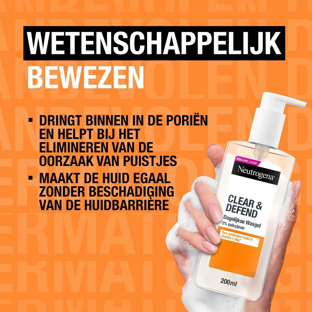 Neutrogena Clear & Defend Dagelijkse Wasgel. Fles met schuim in een hand, tekst op oranje achtergrond.