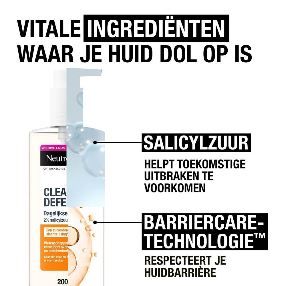 Neutrogena Clear & Defend Dagelijkse Wasgel. Fles met tekst en illustraties op oranje achtergrond.