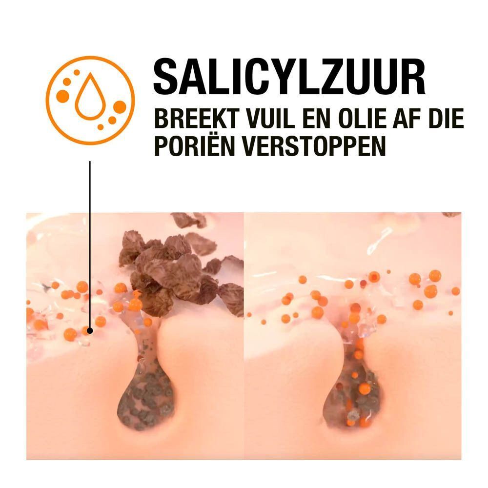 Illustratie van poriën met acne voor en na gebruik van Neutrogena Clear & Defend Dagelijkse Wasgel.