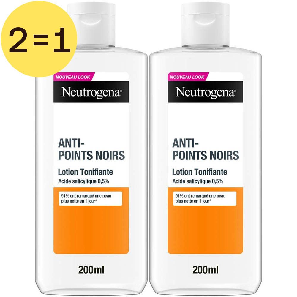 Deux flacons de toner avec bouchons blancs. Inscription: Neutrogena Anti-Points Noirs Lotion Tonifiante. 0,5% acide salicylique. Autocollant 2=1.